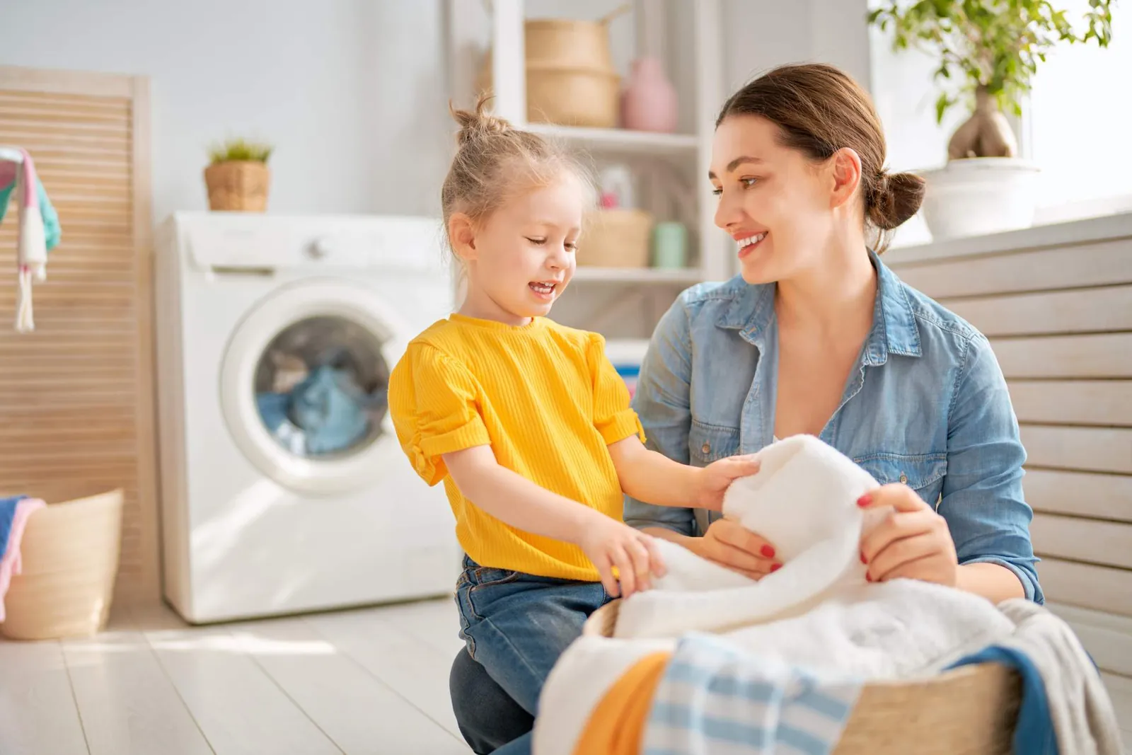 Parent and child folding fresh laundry